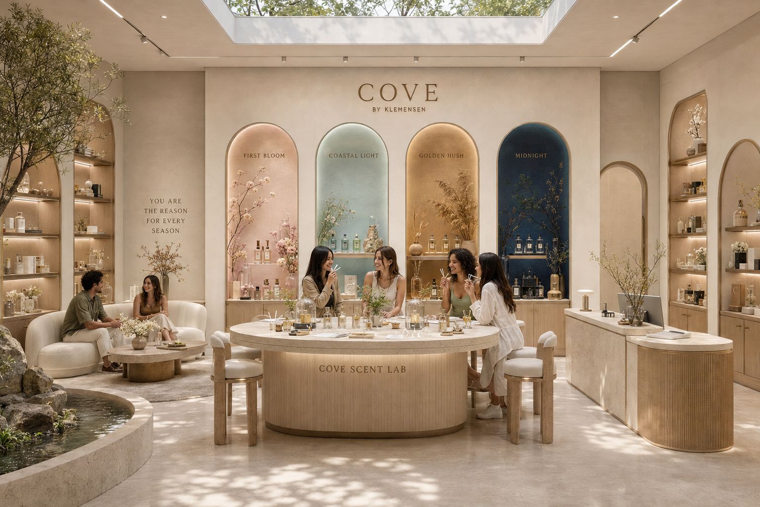 A luxury spa or scent lab interior with several women gathered around a round wooden counter labeled COVE SCENT LAB. The room has warm neutral walls, arched display alcoves in pink, blue, and gold, built-in shelving, and a skylight overhead.