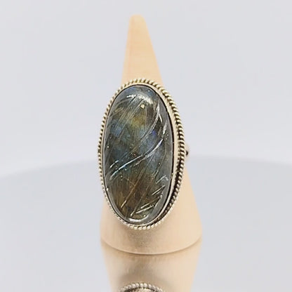 Sterling Silver Large Carved Labradorite Ring Size 7