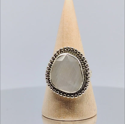 Sterling Silver Rough Cut Flash Rainbow Moonstone Ring Size 7.25
