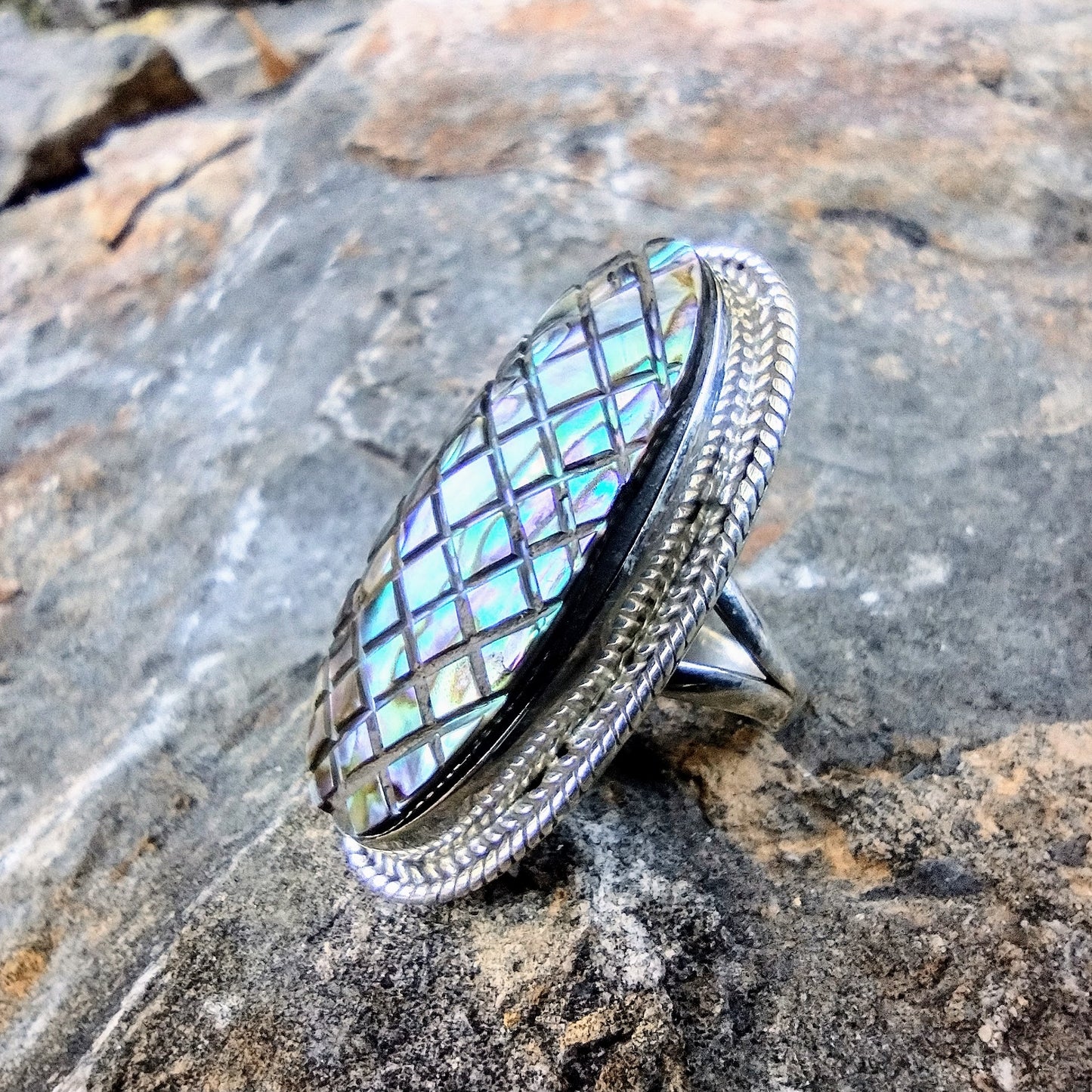 Sterling Silver Natural Abalone Shell Ring Size 7.25