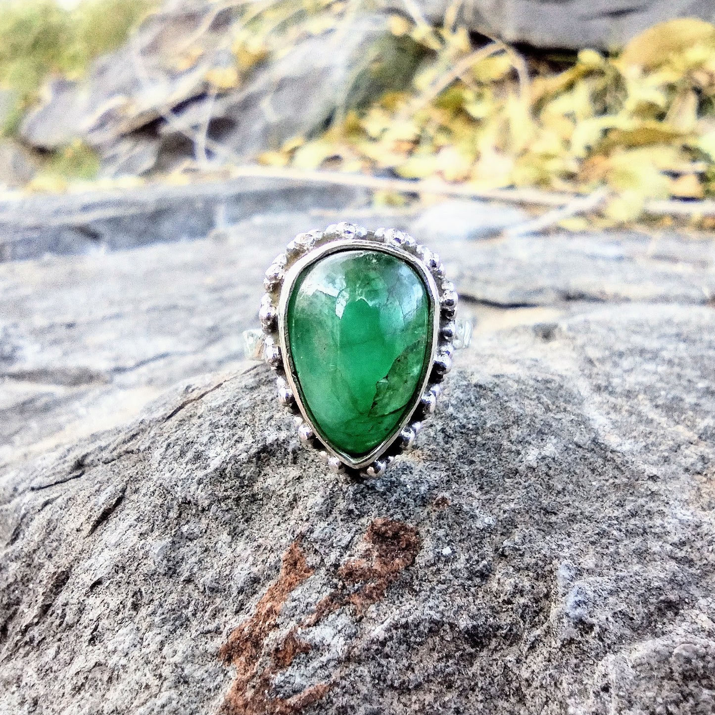 Sterling Silver Large Zambian Emerald Ring Size 7
