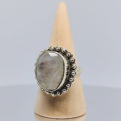 Sterling Silver Rough Cut Flash Rainbow Moonstone Ring Size 7